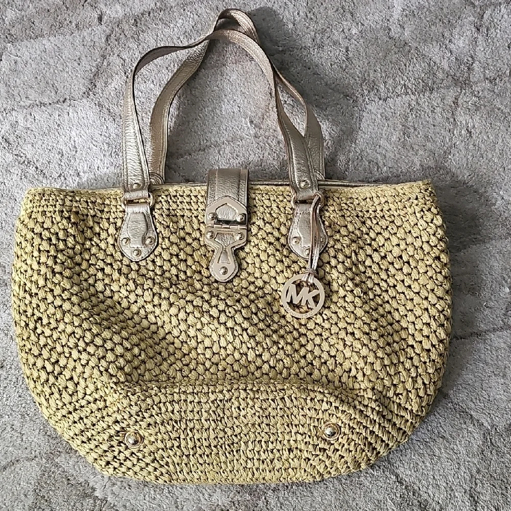 Michael Kors Medium Leather Trimmed Raffia Tote